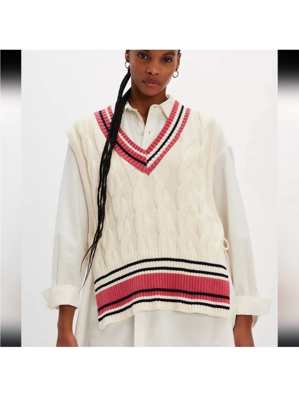 Free People One Size Ivory Cable Knit V-Neck Sweater Vest with Pink Stripe